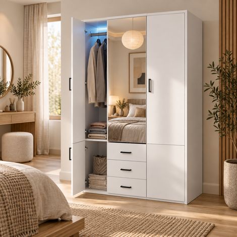 Armoire Chambre 130x51.8x181.5 cm, Armoire 2 Portes avec miror, Dressing Chambre Adulte avec LED, Garde Robe, avec 3 tiroirs et 2 portes (1/5)