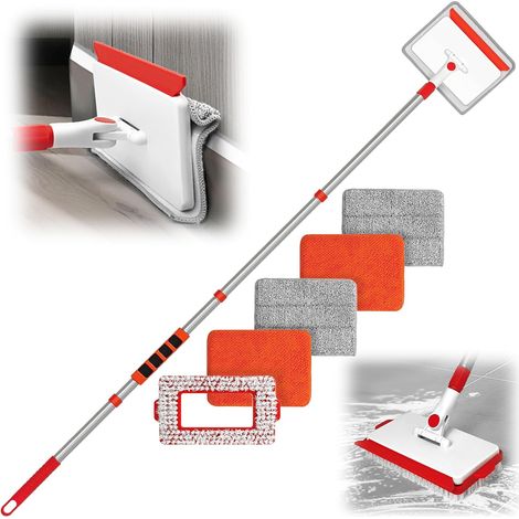 Vadrouille de Nettoyage avec 142 cm Longue Poignée, Nettoyeur de Plinthes, 1 Brosse à Poils Durs, 2 Chenille et 2 Microfibre, Plumeau pour Plancher, Plafond, Fenêtre, Carrelage (1/5)