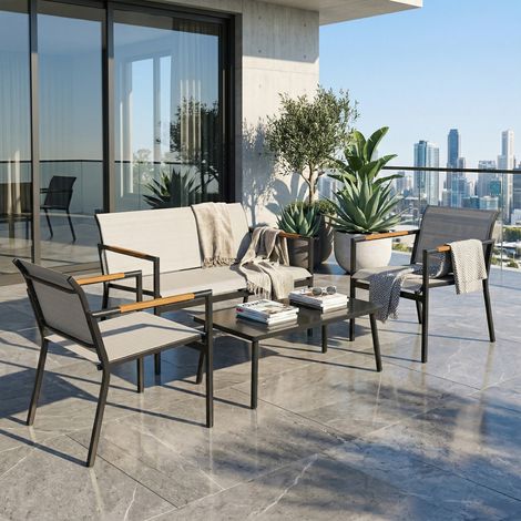 Salon de Jardin 4 Pièces en Textilène, Canapé, 2 Fauteuils, Table Basse avec Plateau en Métal, 106x70,5x77cm, Crème (1/5)