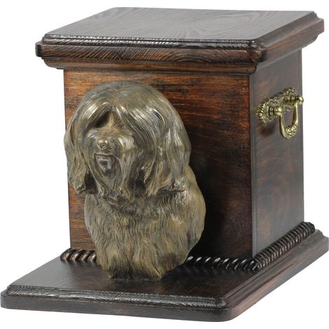 Urne funéraire pour chien Terrier Tibétain avec statuette, une urne élégante et unique ornée d'un buste de chien, signée Art-Dog. (1/5)