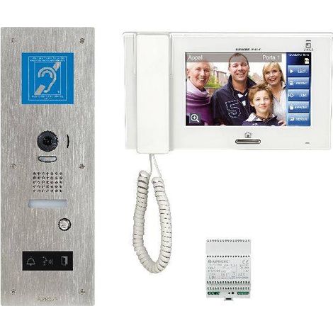 Kit vidéo JP platine inox encastrée, gd angle, 1 BP, pictogrammes, synthèse vocale & boucle magnétique, écran 7' tactile & alimentation - AIPHONE - JPS4AEDFLBM (1/2)