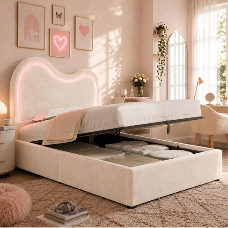 Lit enfant 90 x 200 cm avec rangement hydraulique, sommier à lattes, tête de lit velours beige (1/5)