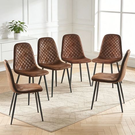 AINPECCA 6X Brown Dining Chairs Suede Padded Seat Metal Legs Kitchen Home Office UK