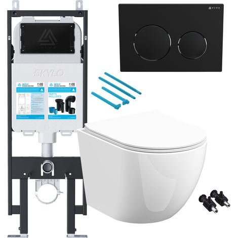 Gloss White Rimless D Shape Wall Hung Toilet with 1.14m Concealed Cistern Frame Set - Black Plate