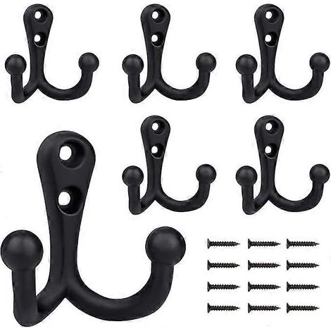 Patères incurvées pour peignoirs, 6 porte-manteaux, crochets muraux doubles noirs vintage avec 12 vis pour porte-manteau (1/5)