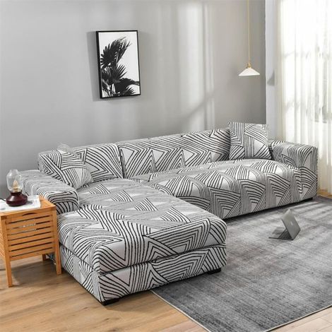 Copridivano angolare a 3 posti + 2 posti, elastico, a forma di L, di colore grigio.