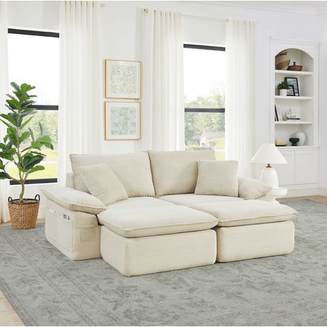 Canapé modulable 2 places en tissu beige avec repose-pied et poches de rangement (1/5)