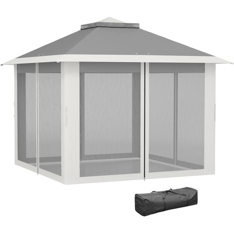Tente pliante pop-up 3,3 x 3,3 m, hauteur réglable, double toit, moustiquaires amovibles et sac de transport inclus, gris anti-UV (1/5)