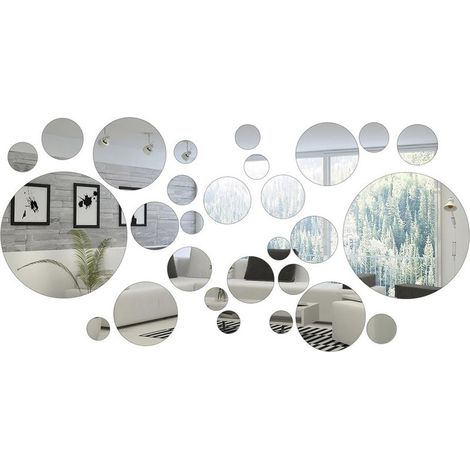 Lot de 32 miroirs muraux ronds en acrylique, amovibles, pour la maison, la salle de bain, le salon, la chambre à coucher, le fond TV, argentés (1/5)