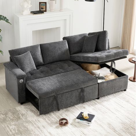 Divano angolare 209/130/84 cm in ciniglia grigio scuro con funzione letto, contenitore e USB (1/5)
