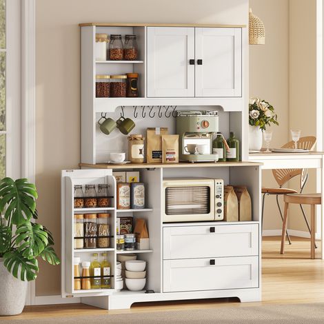 Buffet Haut Cuisine, Armoire Cuisine avec 3 Portes, 2 Tiroirs, Plan de Travail, Compartiments Ouverts, Blanc (1/5)