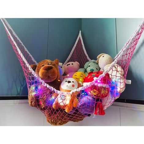Hamac filet de rangement pour jouets et objets, avec guirlande lumineuse, organisateur suspendu salon, Composition : 180 × 120 × 120 cm, Couleur : rose (1/5)
