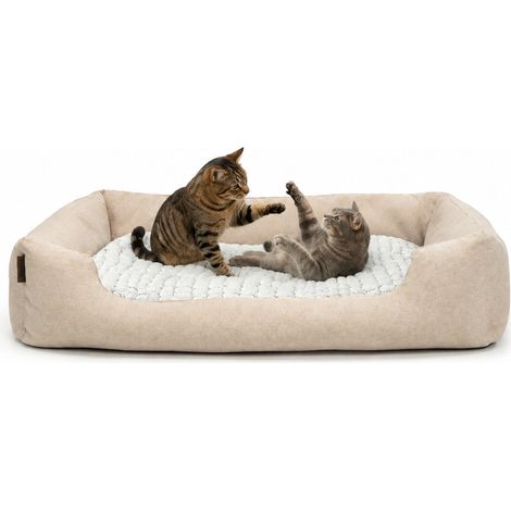 lionto Katzenbett, stilvolles Kuschelkörbchen mit tiefem Einstieg, Wendekissen & rutschfestem Boden, 110x80 cm, beige (1/5)