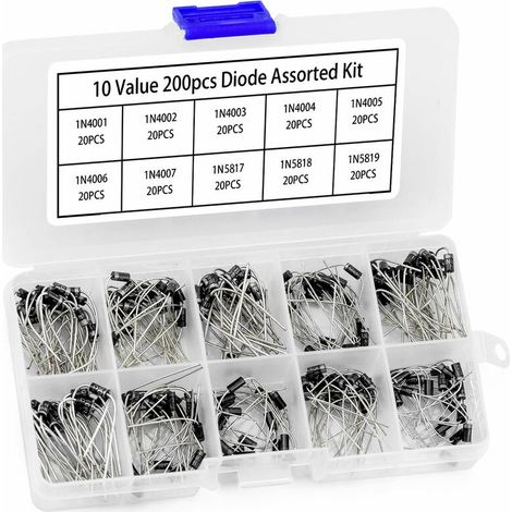 VURAHOME - 200pcs Lot de 10 Valeurs Redresseur Diodes Sac Assortiment Kit Diode Redresseur Électronique (1N4001, 1N4002, 1N4003, 1N4004, 1N4005, 1N4006, 1N4007, 1N5817, 1N5818, 1N5819) (1/5)