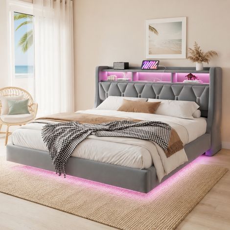 Polsterbett 180x200 cm grau aus Samt mit LED-Beleuchtung, Steckdose, USB-C und Stauraumkopfteil (1/5)