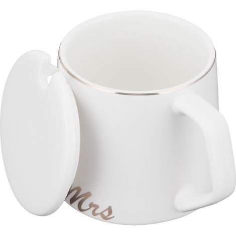 Tasse Céramique 320ml avec Couvercle et Cuillère - Mug Café Design M Blanc pour Bureau Maison Cadeau