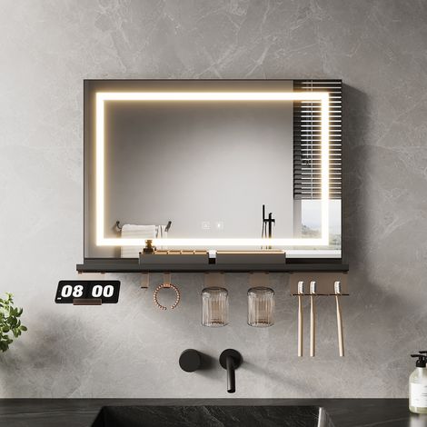 SONNI Modern LED Badspiegel mit Beleuchtung, Antibeschlag, Schwarze Ablage und Dimmbarer 3-Farben Beleuchtung, 700x500mm