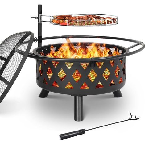 Brasero de Jardin avec Grille Rotative,76cm Brasero d'Extérieur pour Barbecue, Grand Capacité, pour Grillades et Chauffage, Noir (1/5)