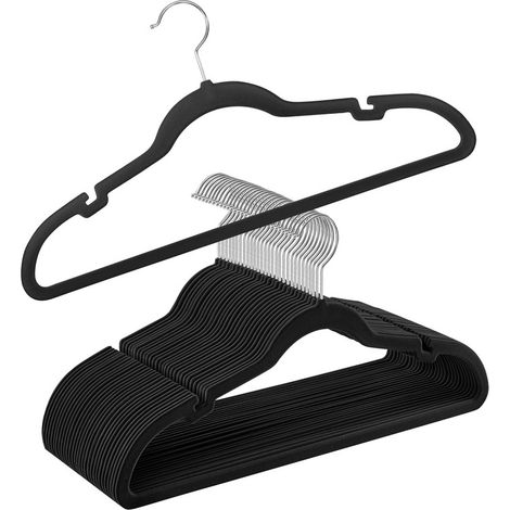 Cintres en Velours, Lot de 30, Antiglisse, avec Encoches, Barre pour Pantalons, Crochet Pivotant à 360°, Gain de Place, Épaisseur 0,6 cm, Longueur de 43 cm, Noir (1/5)