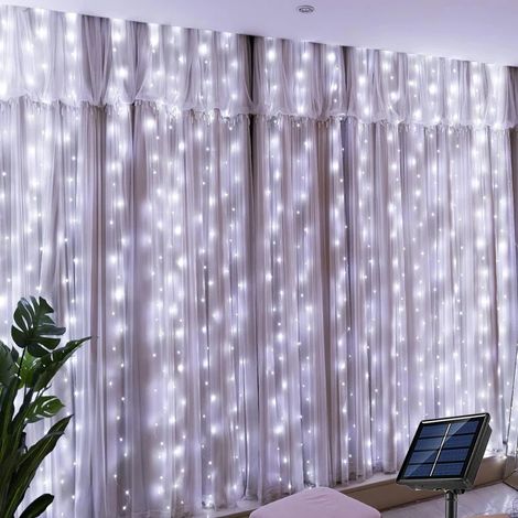 Guirlande lumineuse solaire LED (3 m x 3 m, 300 LED blanches) - Rideau lumineux d'extérieur - Fil de cuivre - Compatible avec jardin, cour, mariage, fête, décoration de vacances (1/5)