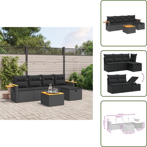 The Living Store Salon de jardin 6 pcs avec coussins noir résine tressée - Ensemble Salon De Jardin - Mobilier Extérieur - Canapé Jardin - Table Jardin - Chaise Lounge
