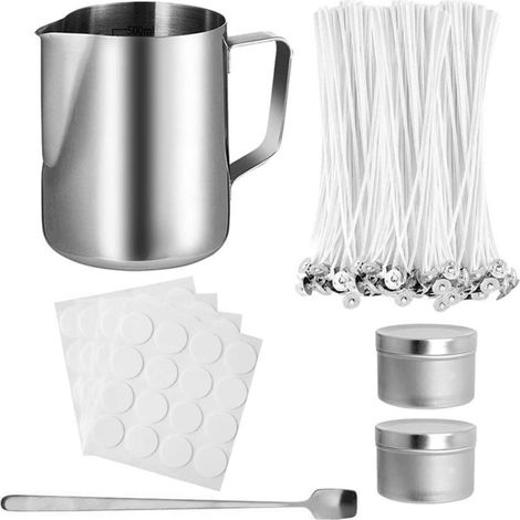 Kit para hacer velas caseras con frascos para velas, mechas, adhesivos, soporte para mechas, latas para velas y cuchara. Ideal para adultos y principiantes. (1/5)