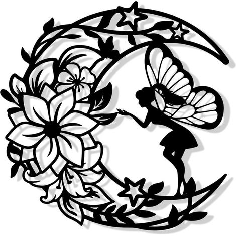 Décoration Murale Métal Noire Deco Murale en Métal de Fée de Fleur de Lune Sculptures Décoration Chambre des Filles Salon Jardin Salle de Bain (40 x 40 CM) (1/5)