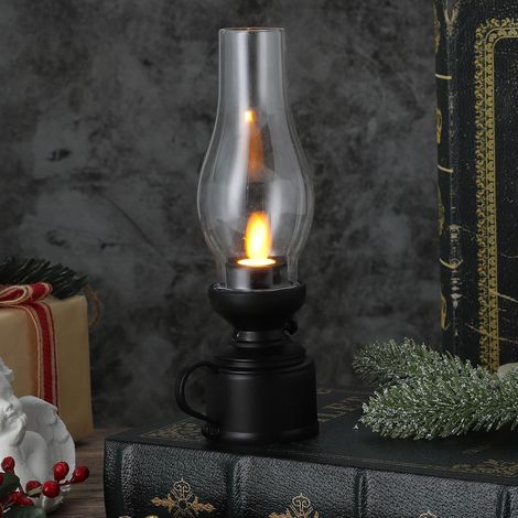 Lampe de table vintage à pétrole sans flamme – Lanterne LED – Lampe ouragan transparente – Fonctionne sur piles – Pour chambre et salon – Noire (1/4)