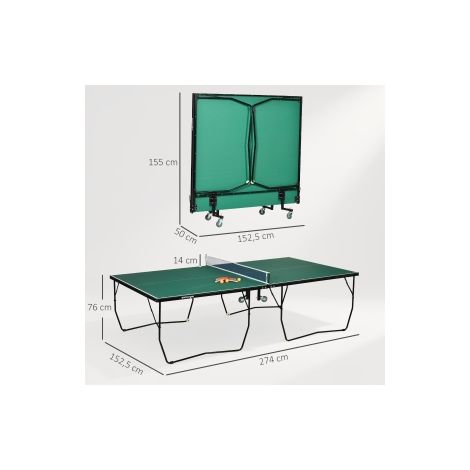 Table de tennis de table verte pliable en acier avec roulettes, 2 raquettes et 3 balles pour maison et salle de jeux (1/5)