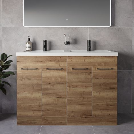 Napoli 390 Tobacco Oak 1200mm 4 Door Vanity Unit with Double Lucia Basins - 1200mm - Matt Black 160mm Handle