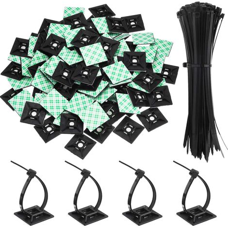 Paquet de 100 Zip Tie Adhésifs Supports Auto-Adhésifs Supports de Base de Serre-Câbles avec Attache-Câble Universel à Usages Multiples Noir (Longueur 200 mm, Largeur 2.8 cm, Noir) (1/5)