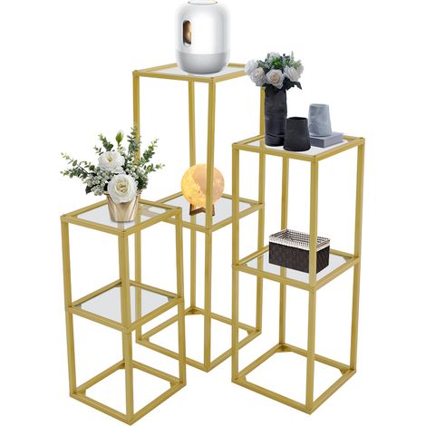 Lot de 3 présentoirs doré en métal avec panneaux verre trempé à 2 couches, hauteur 60/80/100 cm, support à fleurs, centre de table décoration pour mariage, fêtes et maison (1/5)
