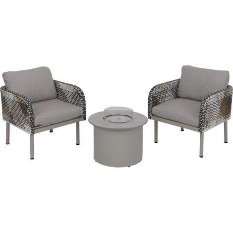 Poly-Rattan Garnitur HHG-340, Lounge-Set Garten Stuhl, Tischkamin Bioethanol-Fire-Pit Alu Stoff 220g/m² creme-beige