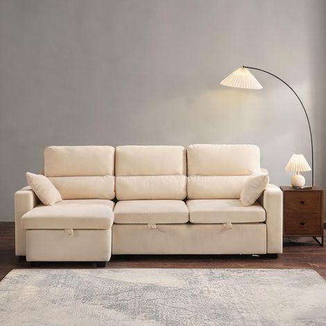 Canapé convertible beige en velours côtelé 205 x 135 x 76 cm (1/5)