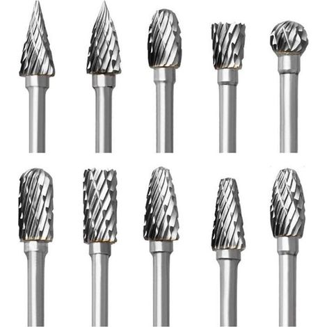 10-piece double-cut carbide rotary burr set for Dremel, with shank for wood carving accessories. (1/4)