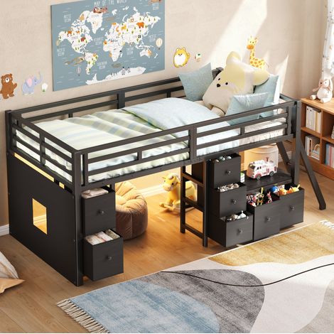 Halbhohes Bett 90x200 cm Schwarz aus MDF und Metall mit 7 Schubladen, LED-Beleuchtung und Spielbereich (1/5)
