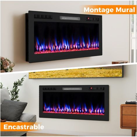 Cheminée électrique noire encastrable ou murale avec 2 puissances 750/1500 W et contrôle Wi-Fi pour salon chambre et bureau (1/5)