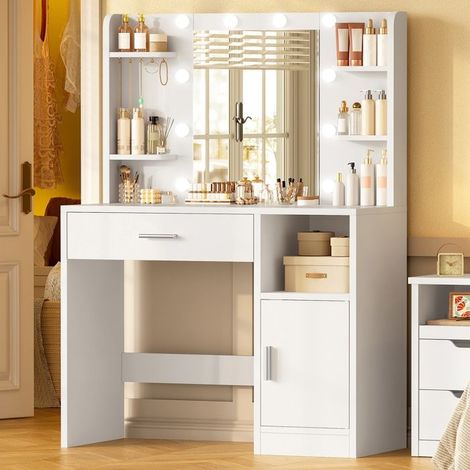 Friseuse - TEENFON - Verstellbarer LED-Großspiegel - 1 Schublade & Schrank - 85x40x136 cm (1/5)