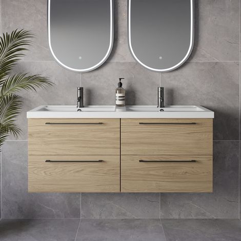 Napoli 390 Light Oak 1200mm Wall Mounted 4 Drawer Vanity Unit with Double Lucia Basins - 1200mm - Gunmetal Grey 320mm Handle