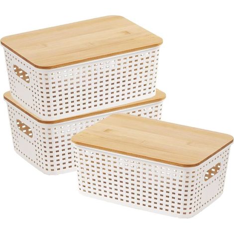 boite de rangement avec couvercle 3pcs caisse rangement plastique avec couvercle en bambou 5L, 25,3 x 18,1 x 10,7 cm Blanc paniers de rangement Pour cuisine, salle de bain, chambre à coucher (1/5)