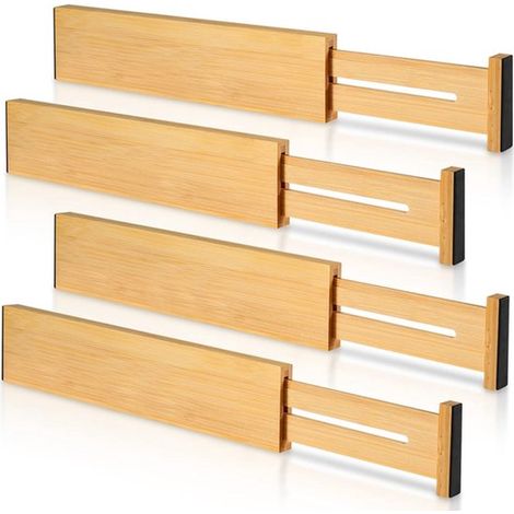 Ensemble de rangement pour tiroirs 4 pièces - Réglable et extensible - Organisateur de tiroir - Séparateur de tiroir - Organisation de vêtements - 32,5 × 6 × 1,5 cm - Couleur bois naturel - Bambou (1/5)