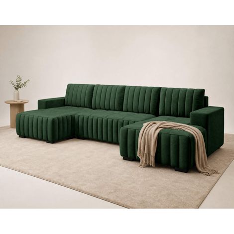 Lazare - canapé panoramique en u 7 places convertible avec coffre en velours - vert (1/5)