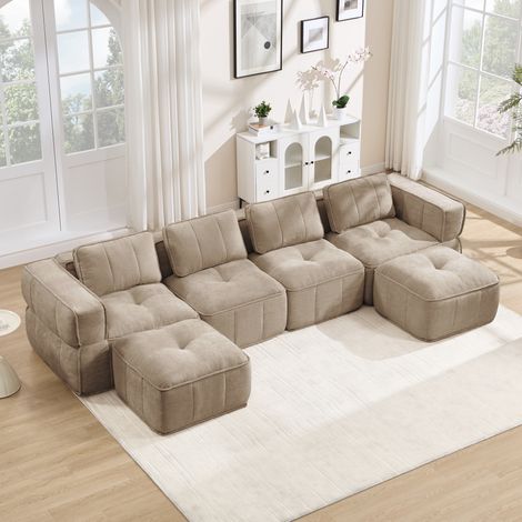 Modulares U-Sofa 344/162/67 cm in Sand, 4-Sitzer mit 2 Hockern und 32D-Schaum (1/5)