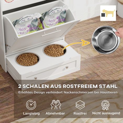 Armoire de stockage pour accessoires animaux, station d'alimentation avec gamelles, crochets pour laisses, en MDF blanc (1/4)