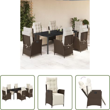 vidaXL Gartenessgruppe - 7-tlg. Garten-Essgruppe mit Kissen Braun Poly Rattan (1/5)