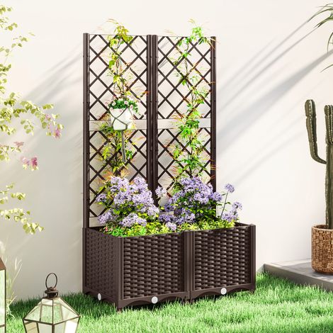 Pot avec treillis, jardinière surélevée, pot d'extérieur avec 6 trous de drainage, 80 x 40 x 135 cm, marron (1/5)