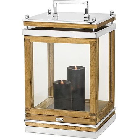 Lanterne Décorative en Bois et Acier Inoxydable Nickelé Brillant H 49 cm - PANGIVO (1/5)