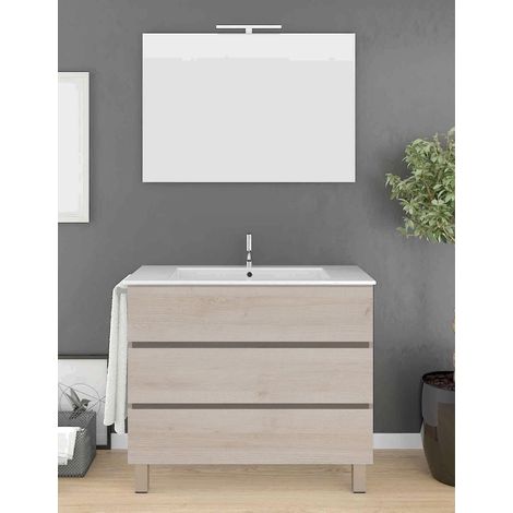 Waschbeckenunterschrank auf Standfüßen ARAE mit Keramik Waschtisch und Spiegel - 3 Schubladen - Handtuchhalter als Geschenk - Creme- 100CM