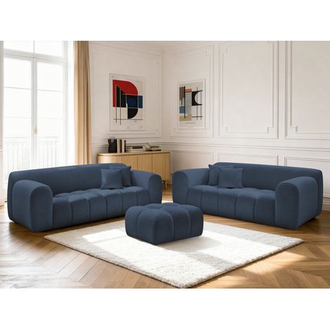 BOBOCHIC - Ensemble canapé droit fixe 3 + 2 places MELISSE tissu chiné avec pouf   Bleu (1/5)