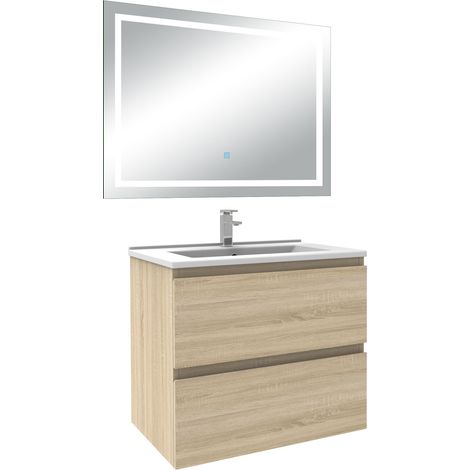 Aica Ensemble meuble Salle de Bain 60cm Chêne Naturel simple Vasque, avec Miroir Lumineux 3 Couleurs + Dimmable